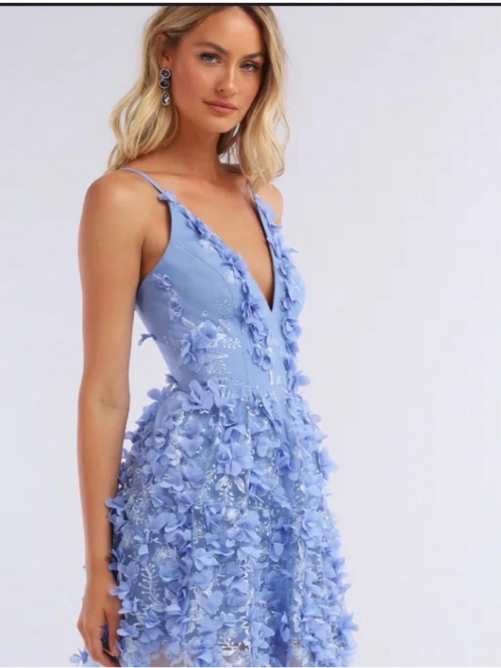 Blue Floral Appliqué V-Neck Formal Dress